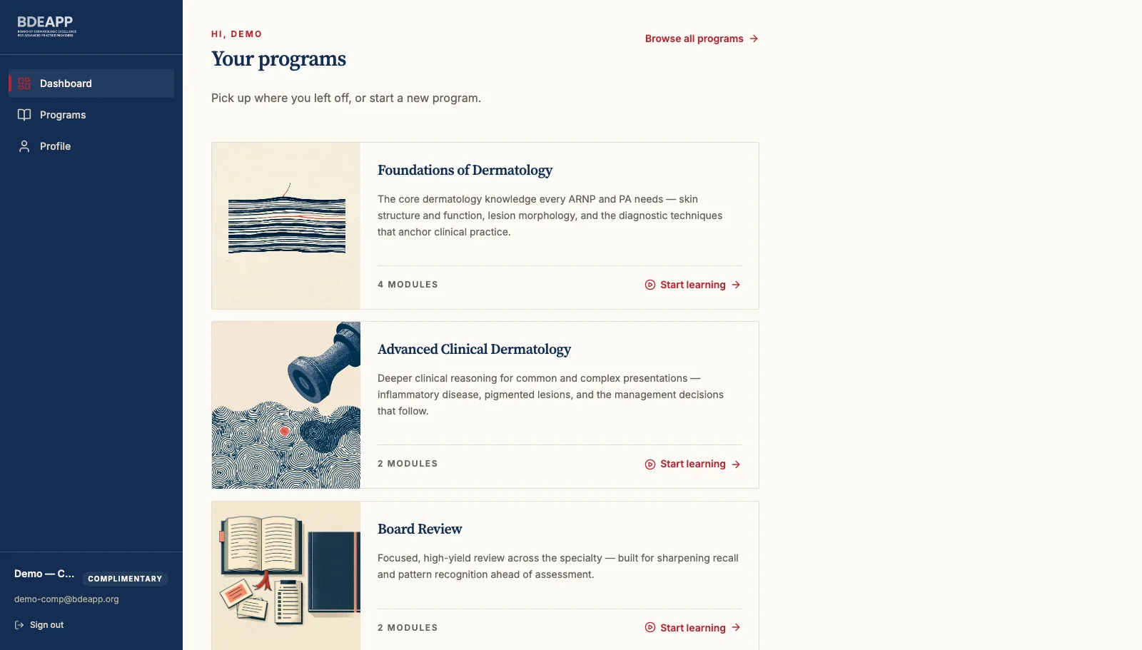 The BDEAPP learner dashboard showing program progress and next-up modules.