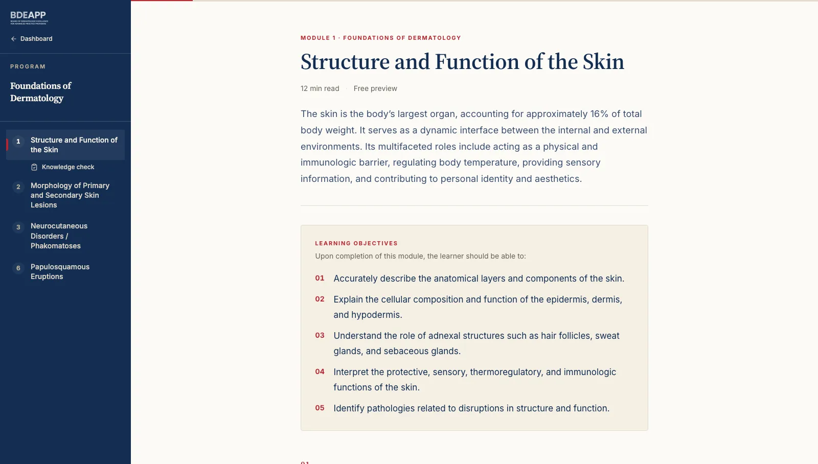 A module page from the BDEAPP learner portal showing the video header, lesson body, and module objectives.