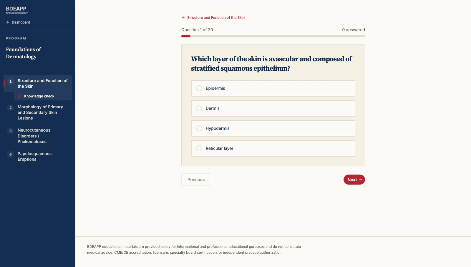 A quiz page from the BDEAPP learner portal showing a multiple-choice question and answer options.