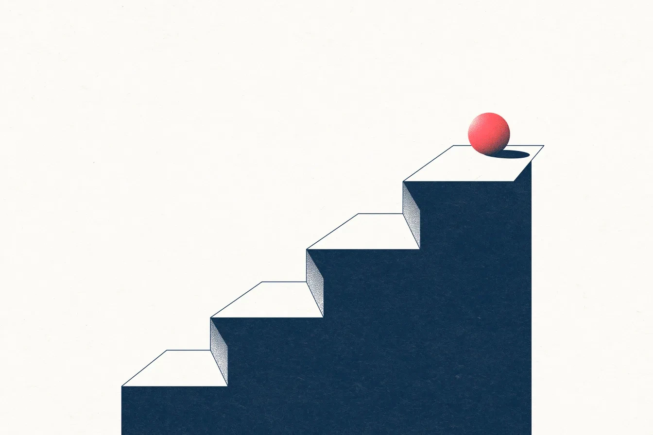 Editorial illustration of ascending steps with a single red sphere resting on the highest one.